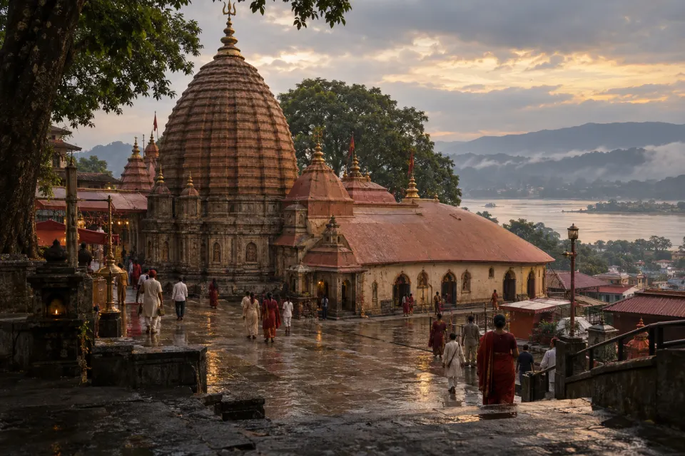 Kāmākhyā Temple's beehive-shaped shikhara domes on Nīlācala hill above Guwahati, Assam, red-clad pilgrims on the steps, monsoon mist over the Brahmaputra valley