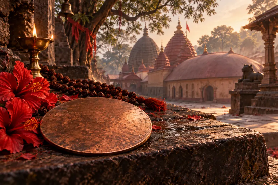 A copper yantra of interlocking triangles and lotus petals with a mantra rosary and oil lamp on a shrine step at Kāmākhyā Temple, Nīlācala hill, Assam, red flowers, dawn, no figures