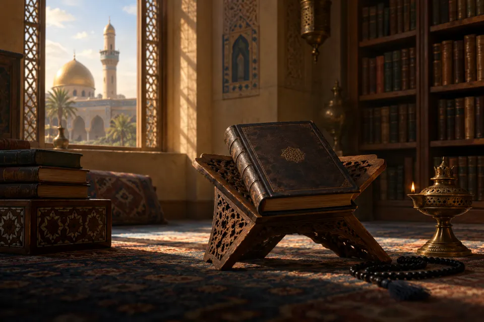 A manuscript of the Nahj al-Balāgha on a carved wooden stand in a Najaf seminary library, brass lamp and prayer beads beside it, light from a tall window on a patterned carpet