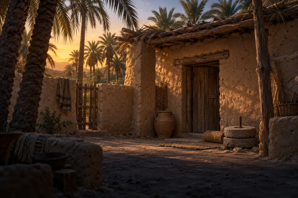 A small mud-brick house in 7th-century Medina among date palms, a water jar, woven mat and hand mill by the palm-trunk door, no people, soft evening light
