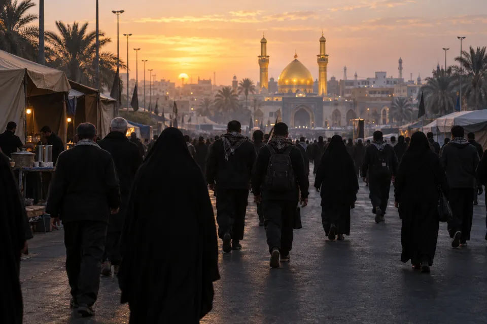 Pilgrims in black walking the road to Karbala at dawn, seen from behind, shaded tents beside the road, the gold dome and minarets of the Shrine of Imam Ḥusayn ahead in the haze