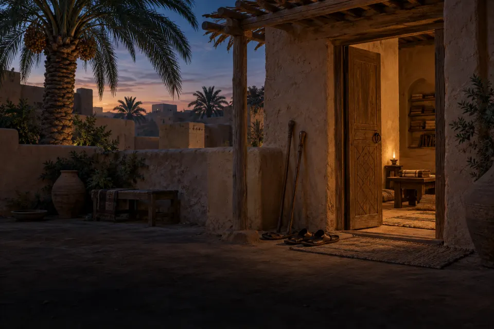 Illustration · AI-generated A Medina house courtyard with a date palm and carved wooden door, visitors' sandals and travelling staffs by the threshold of a lamp-lit teaching room, 8th century, dusk, no people