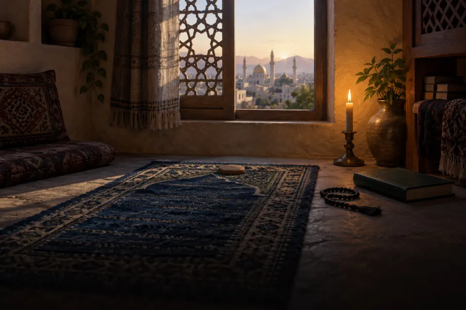 Illustration · AI-generated A small carpet with a clay prayer tablet, rosary, open prayer book and a burning candle in a Shia home in Qom, a window brightening with dawn, no people