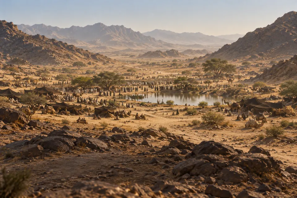 A vast pilgrim encampment of tents and kneeling camels around a desert pool at Ghadīr Khumm, 632, acacia trees, the crowd seen from far away, no one in the foreground, hard noon heat haze