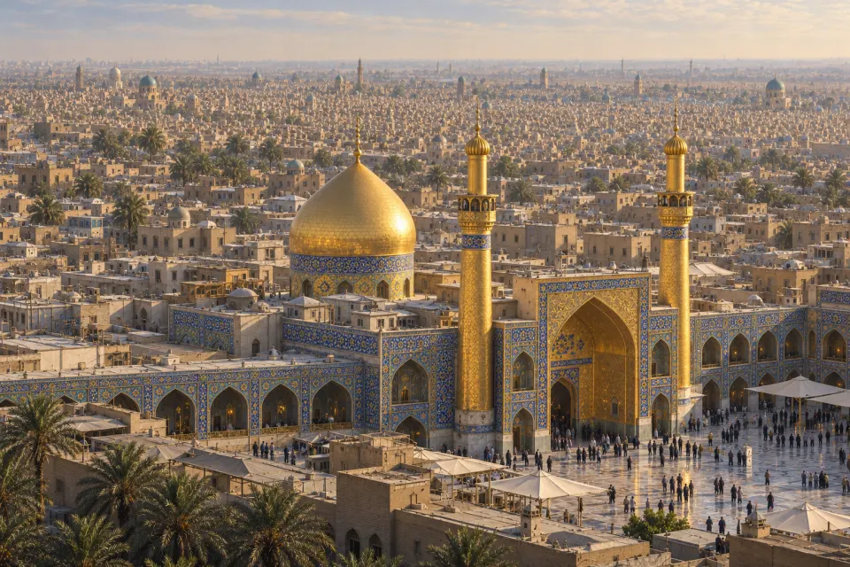 The gold-plated dome and minarets of the Shrine of Imam ʿAlī in Najaf, pilgrims small in the courtyard, the Wadi al-Salam cemetery stretching away beyond, pale dust-hazed morning