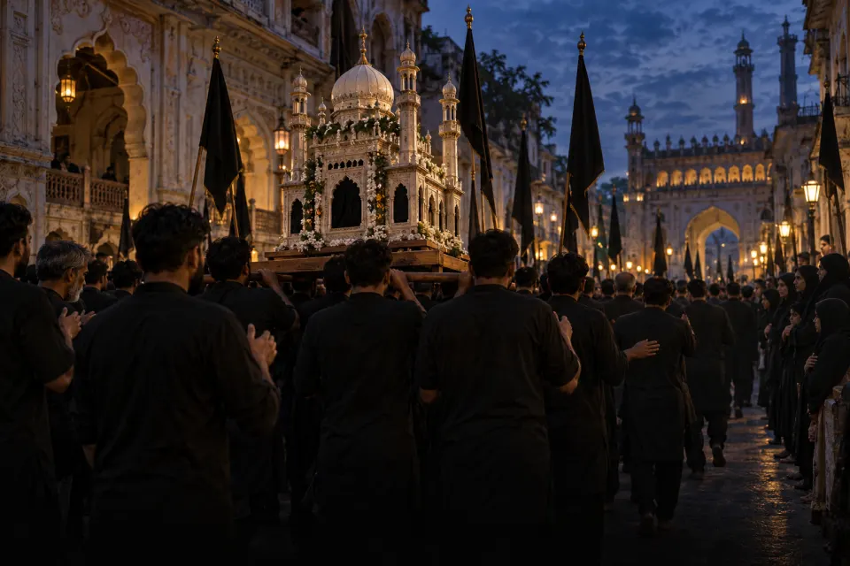 Men in black shirts beating their chests in rhythm in a Muḥarram procession in Lucknow, black banners and a model of Ḥusayn's tomb carried above the crowd, women in black watching, lamp-lit dusk