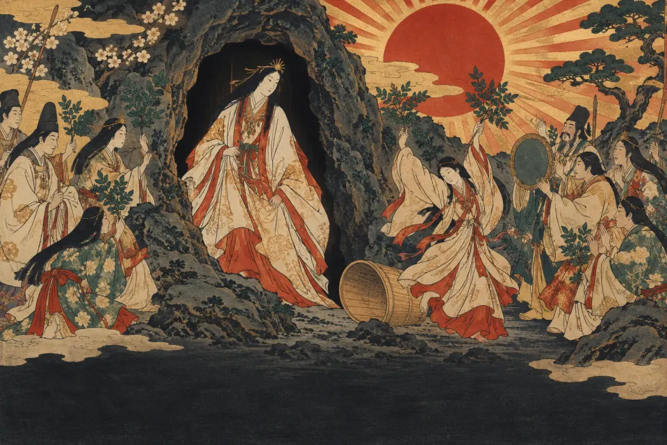 Amaterasu as an Edo-period ukiyo-e woodblock print, a sun goddess in Heian robes with a red sun disc, stepping from the rock cave while the other kami dance, flat bold colour