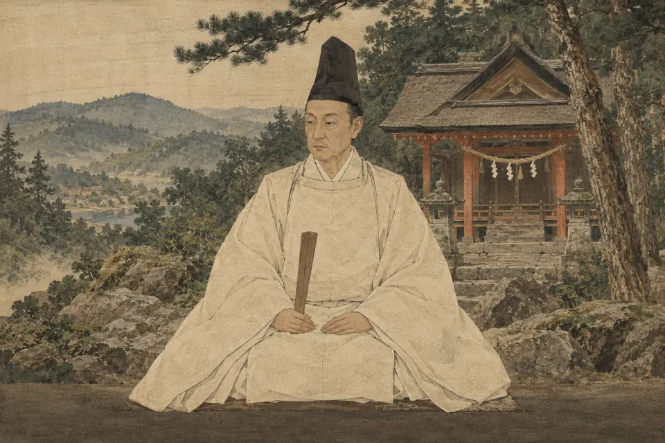 Kurozumi Munetada as a 19th-century Japanese portrait, a Shinto priest in plain robes and tall cap seated before a small Bizen shrine, hanging scroll, ink and colour