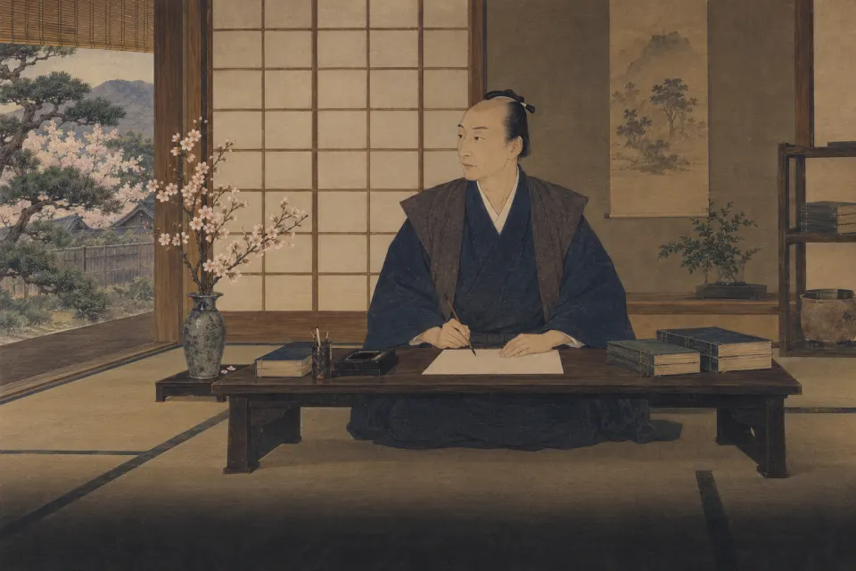 Motoori Norinaga as an Edo-period hanging scroll portrait, seated in plain scholar's dress at a low desk with volumes of the Kojiki, Matsusaka study, paper screens