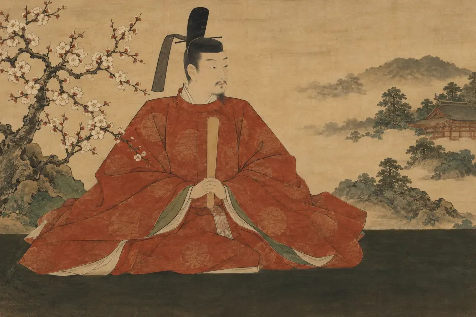 Illustration · AI-generated Sugawara no Michizane as Tenjin, a Kamakura-period hanging scroll in Heian court robes, black court cap and ritual baton, a flowering plum beside him, ink and mineral colour