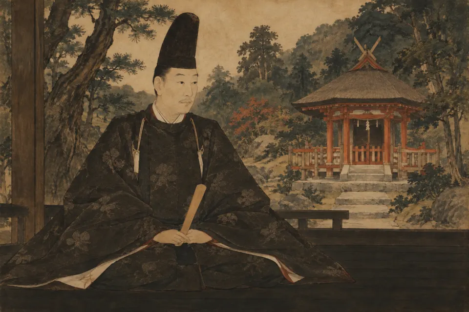 Illustration · AI-generated Yoshida Kanetomo as a Muromachi-period ink portrait of a Kyoto Shinto priest, seated in priest's hunting robes and tall black cap before the octagonal hall of Yoshida Shrine