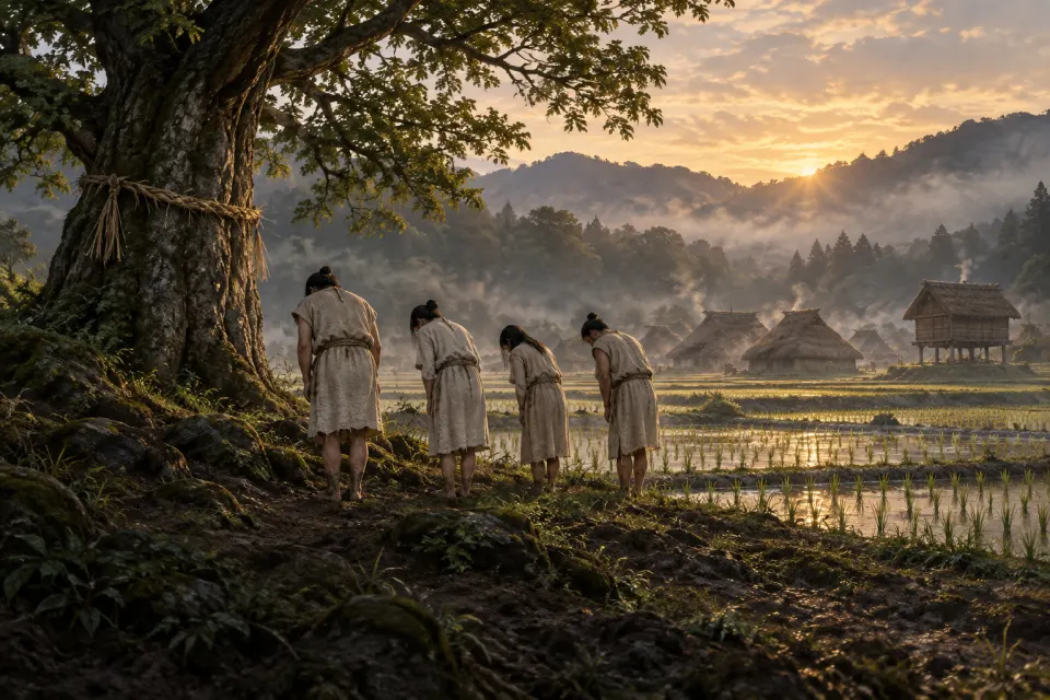 Farmers in hemp robes bowing at a sacred tree marked with a rice-straw rope at the edge of flooded rice paddies, Yayoi-period Japan, spring planting prayer, misty dawn