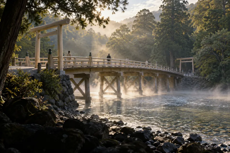 Ise Jingu's Inner Shrine, the wooden Uji Bridge and torii over the Isuzu River, tall cedars, white gravel and early mist, visitors small and quiet