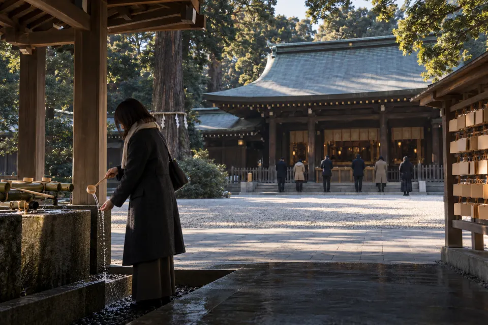 Worshippers in everyday coats rinsing hands at the water basin and bowing before the hall at Meiji Jingu in Tokyo, a rack of wooden ema plaques, tall evergreen forest, cold clear morning
