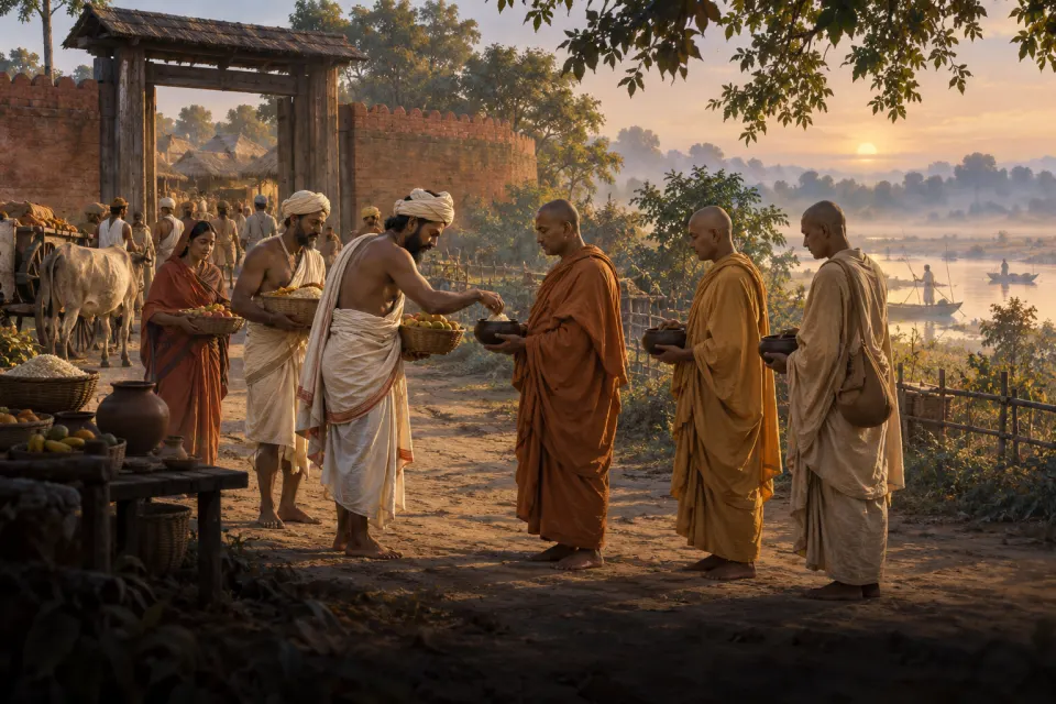 Wealthy merchants of Shravasti offering food to wandering ascetics at a gate of the brick-walled city, 6th-century BCE Ganges plain, misty dawn