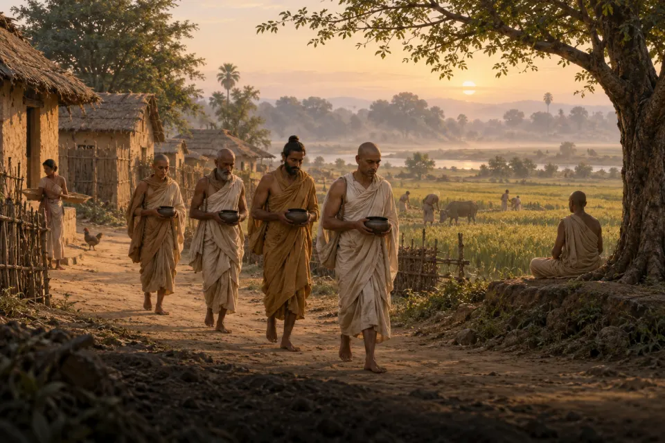 Barefoot śramaṇa renunciants with begging bowls walking a dusty village path, one sitting still in the sun, ancient Ganges plain, misty dawn light