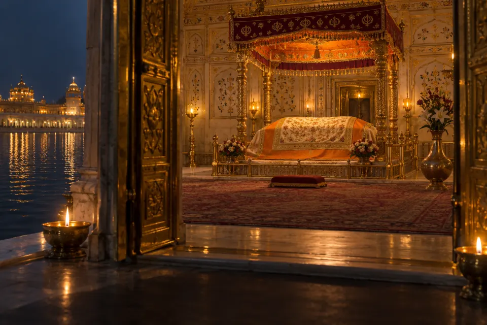 Illustration · AI-generated Inside Harmandir Sahib the Guru Granth Sahib on cushions under a jewelled canopy, seen through one of the four open doors from the pool's edge, lamplight, no figures