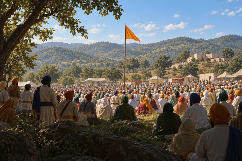 Illustration · AI-generated Anandpur Sahib, Vaisakhi 1699: a vast crowd of turbaned Sikhs seen small and from behind on a hillside meadow beneath a tall saffron nishan sahib, bright spring noon