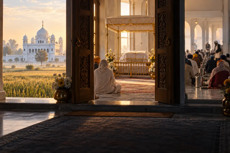 Gurdwara Darbar Sahib at Kartarpur by the Ravi, the Guru Granth Sahib under its canopy through an open door, wheat fields beyond, langar rows seen from behind, soft morning light