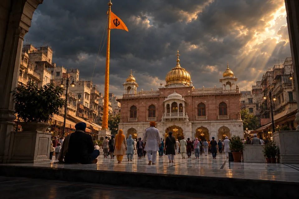 A tall saffron nishan sahib on its pole in the courtyard of the gurdwara at Chandni Chowk, Delhi, devotees small and seen from behind, heavy storm clouds, chiaroscuro light