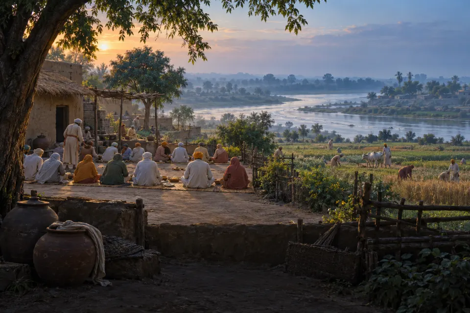 Fields and mud-brick houses of Kartarpur beside the Ravi River in the early 1500s, a farming community working and sharing a meal in rows, seen small and from behind, misty blue dawn