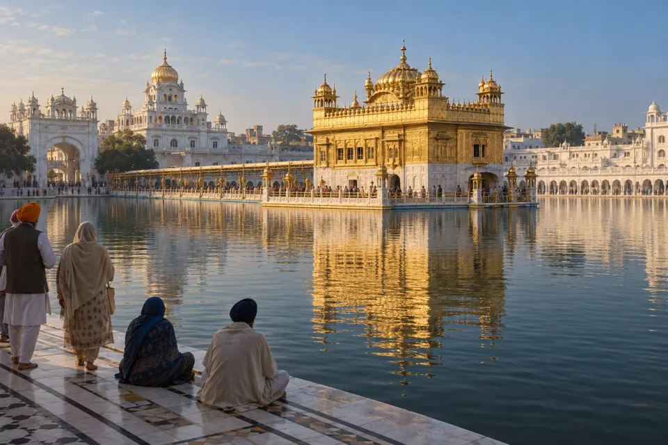 Harmandir Sahib, the Golden Temple at Amritsar, gilded upper storeys reflected in the sarovar, the causeway and Akal Takht beyond, pilgrims small on the marble, clear morning