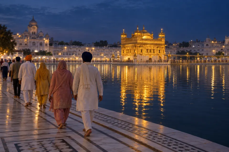 Sikhs in present-day dress, heads covered, walking the marble parikrama around the sarovar of Harmandir Sahib before dawn, seen from behind, the shrine glowing across dark water