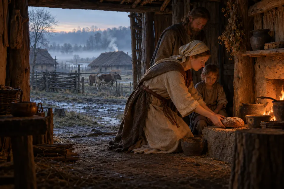 An early Slavic village of log huts near the Vistula, c. 500 CE, a family leaving a loaf at a hearth shrine, cattle at the edge of the field, cold blue misty dawn