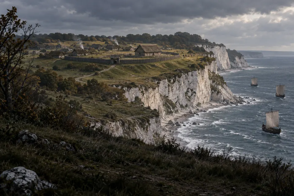 The chalk cliffs of Arkona on Rügen with the earth-ramparted citadel and fenced timber temple of Sventovit, ships on the Baltic, before 1168, cold overcast sky