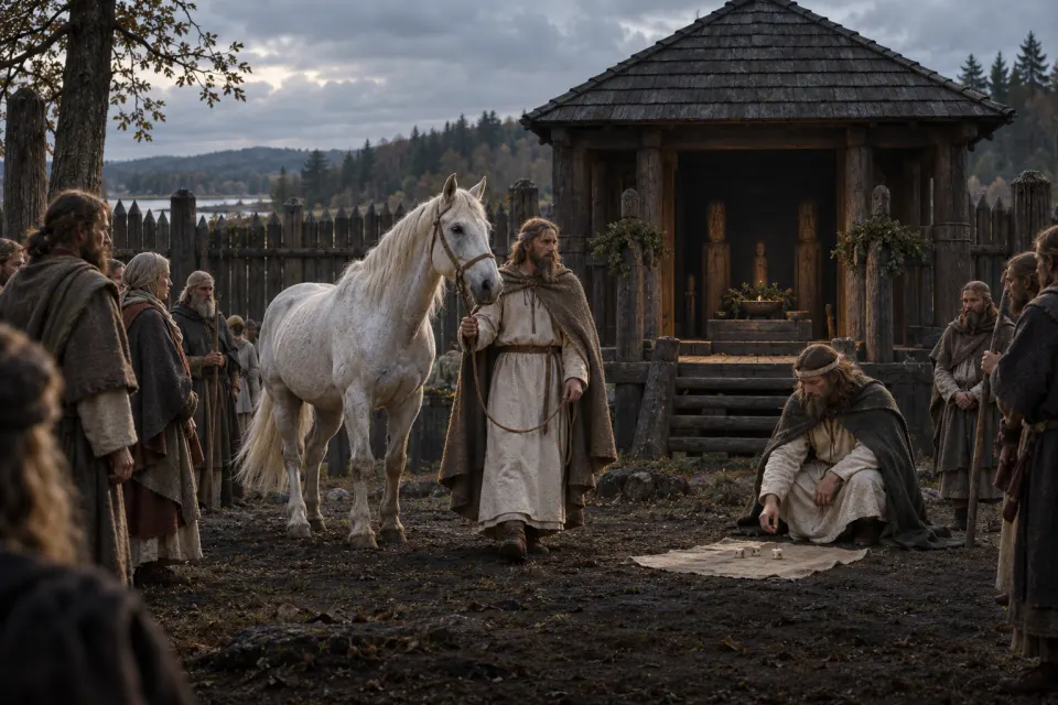 A western Slavic priest in a white tunic leading a white horse toward a fenced timber shrine while a second priest casts dice on a cloth, onlookers in wool, cold overcast light