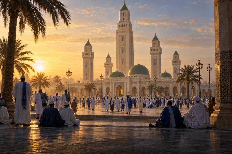Illustration · AI-generated The Great Mosque of Touba, Senegal, its tall minarets and domes, Mouride pilgrims in white and indigo boubous filling the courtyard at the Grand Magal, hot hazy dawn