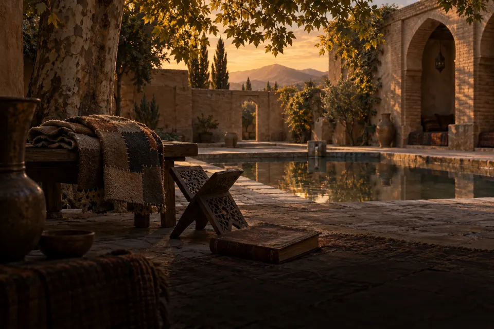 A patched wool Sufi cloak folded beside a closed lectern and a volume of the Iḥyāʾ in a quiet khanqah courtyard in 11th-century Ṭūs, pool and plane tree, amber evening light