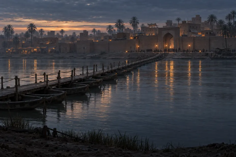 The Tigris at Baghdad in the early 10th century, a bridge of boats and the Abbasid city gate, a crowd gathering small on the far bank, grey pre-dawn light, no figure in the foreground