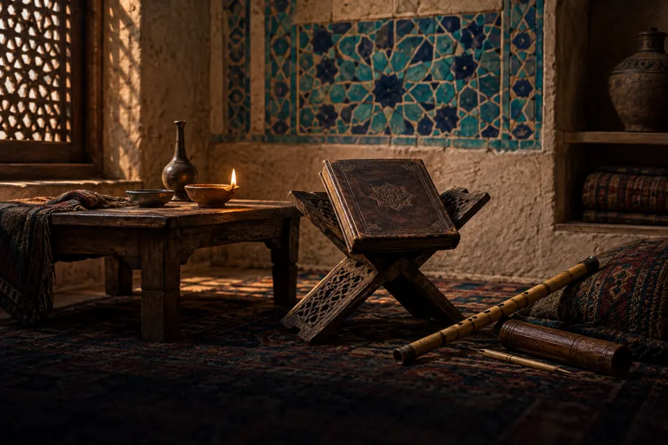A volume of the Masnavi open on a carved wooden stand beside a reed flute and a pen case in a 13th-century Konya lodge cell, turquoise Seljuk tiles, lamplight, no people