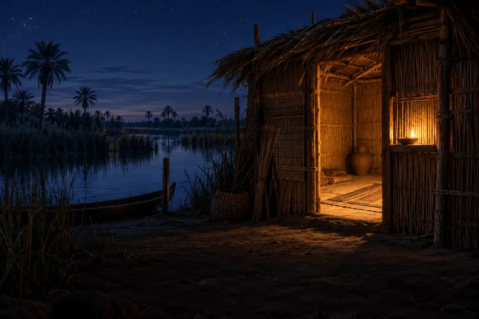 A lamp burning on the sill of a palm-reed hut at the edge of Basra's marshes, a prayer mat and clay water jug inside the open doorway, no people, deep blue night