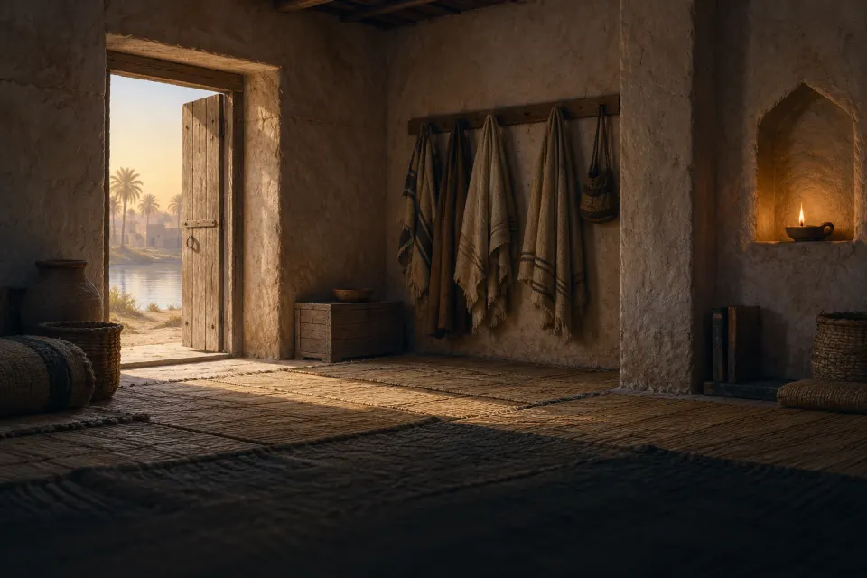 Coarse undyed wool cloaks hung on pegs in a bare mud-brick prayer room in 8th-century Basra, reed mats and an oil lamp, dawn light through a low doorway, no people