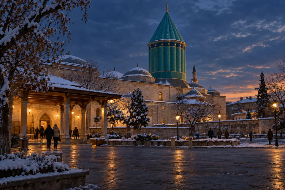 The fluted turquoise dome of Rūmī's tomb at the Mevlana Museum in Konya, pilgrims in coats in the courtyard, snow on the roofs, blue dusk in December