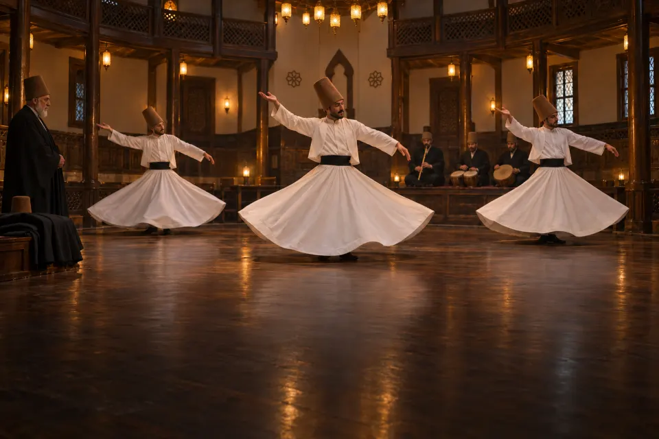 Mevlevi semazen in white skirts, tall felt hats and black cloaks turning with raised hands in a circular hall in Konya, musicians seated behind, polished wooden floor, lamp-lit