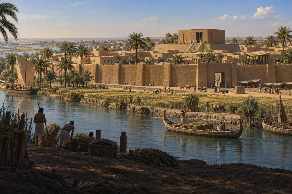 A walled Sumerian city-state c. 2600 BCE, a mud-brick temple on a raised platform, barley fields, date palms and reed boats on a canal, people in woollen flounced skirts, hard noon sun