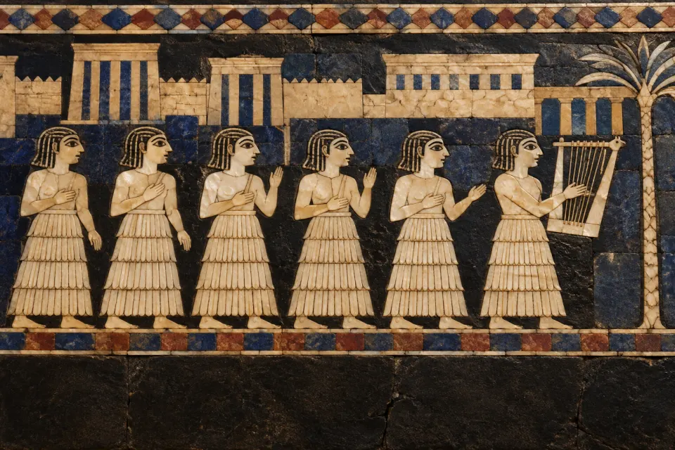 Sumerian singers in flounced skirts performing hymns and laments in a temple courtyard, as a Sumerian shell-inlay panel, mud-brick temple behind, hard noon sun
