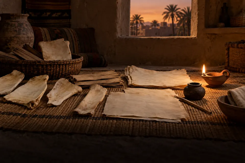 Illustration · AI-generated Fragments of the Qur'an in unreadable script on palm ribs, flat bones and parchment scraps spread on a mat in a 7th-century Medina room, oil lamp, no people, warm night light