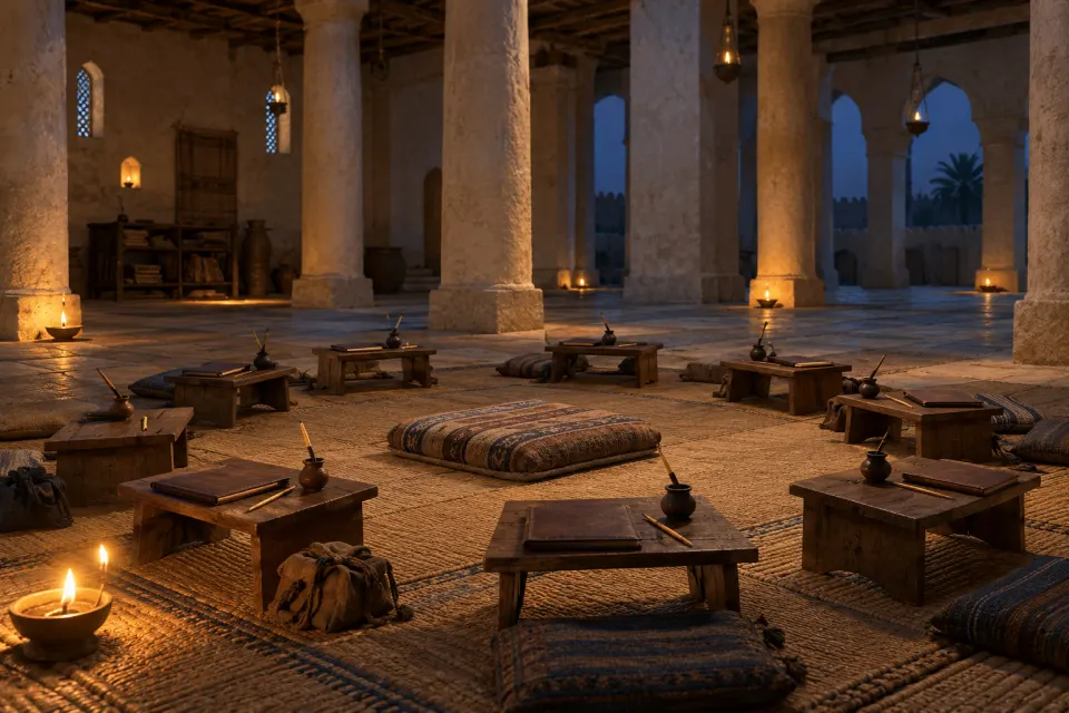 A circle of low writing desks and reed pens around an empty seat in the columned prayer hall of the Great Mosque of Kufa, 8th century, students' bags nearby, no people, lamplight