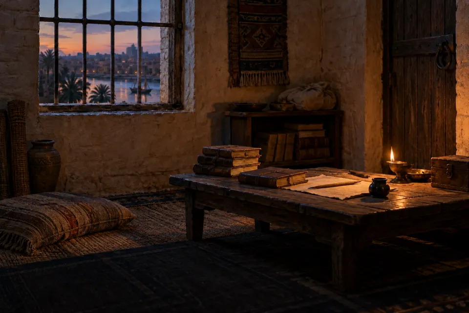 A Baghdad scholar's room in the 9th century: stacked hadith notebooks, reed pens, ink and a brass lamp beside a closed wooden door, barred window onto the Tigris, no people