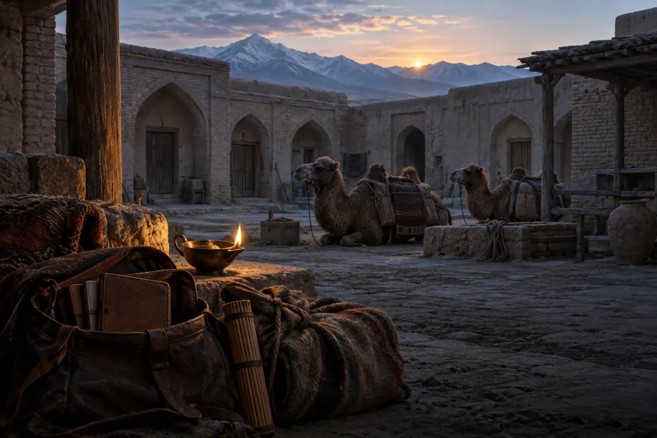 A caravanserai courtyard in Central Asia, 9th century: travelling satchels of paper notebooks, a brass lamp, pack camels at rest, no people, cold dawn light