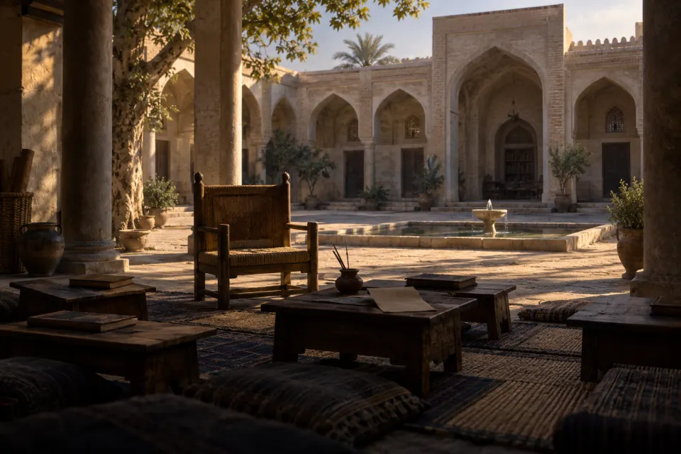 Illustration · AI-generated An empty teaching chair in a columned courtyard of the Niẓāmiyya madrasa in Baghdad, 1095, scattered pens and a half-written page, no people, low afternoon light