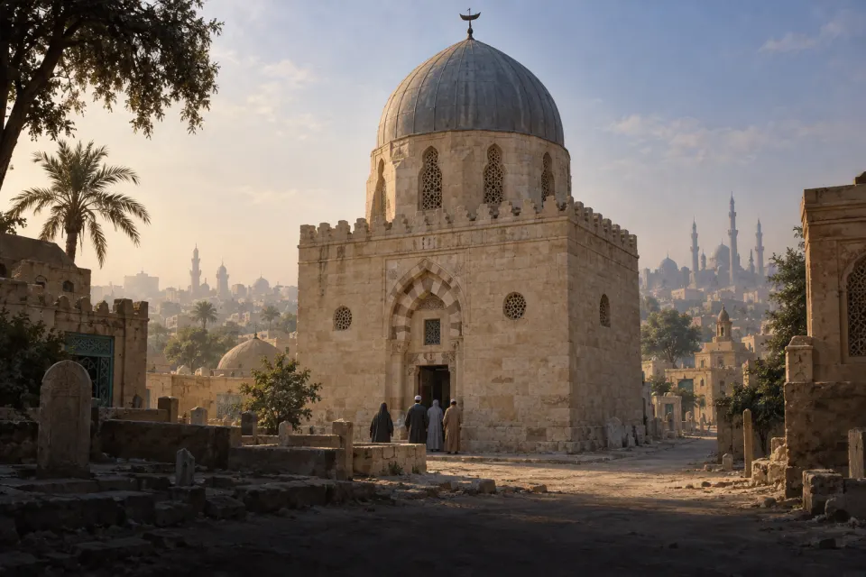 Illustration · AI-generated The Mausoleum of al-Shāfiʿī in Cairo's Qarafa cemetery, its stone dome topped by a metal boat finial, pilgrims at the doorway, hazy morning light
