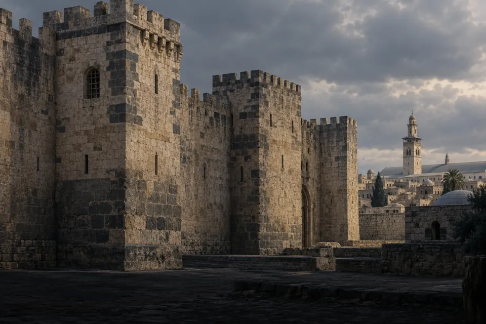 The great walls and towers of the Damascus Citadel in the early 14th century, minarets of the Umayyad Mosque behind, a small barred window, no people, grey overcast light