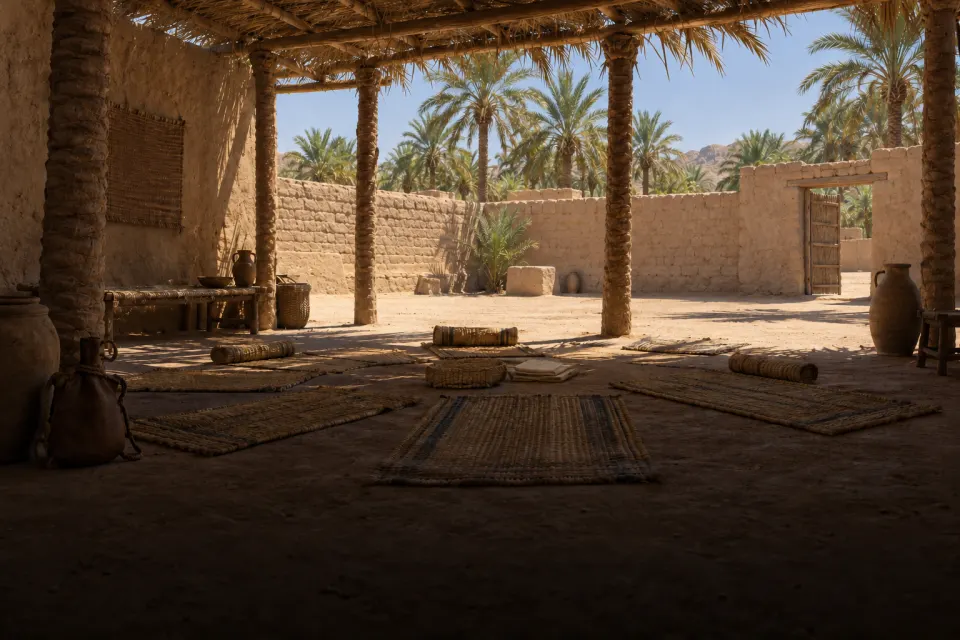 A palm-thatched portico of mud-brick pillars in Medina, 632, woven mats in a circle and water skins, date groves beyond, empty of people, hard noon sun