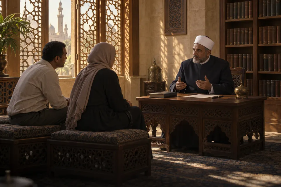 Visitors in present-day dress consulting a mufti in a white turban and gown at a low desk in a corner of Al-Azhar Mosque, Cairo, law books on a shelf, morning light through lattice windows