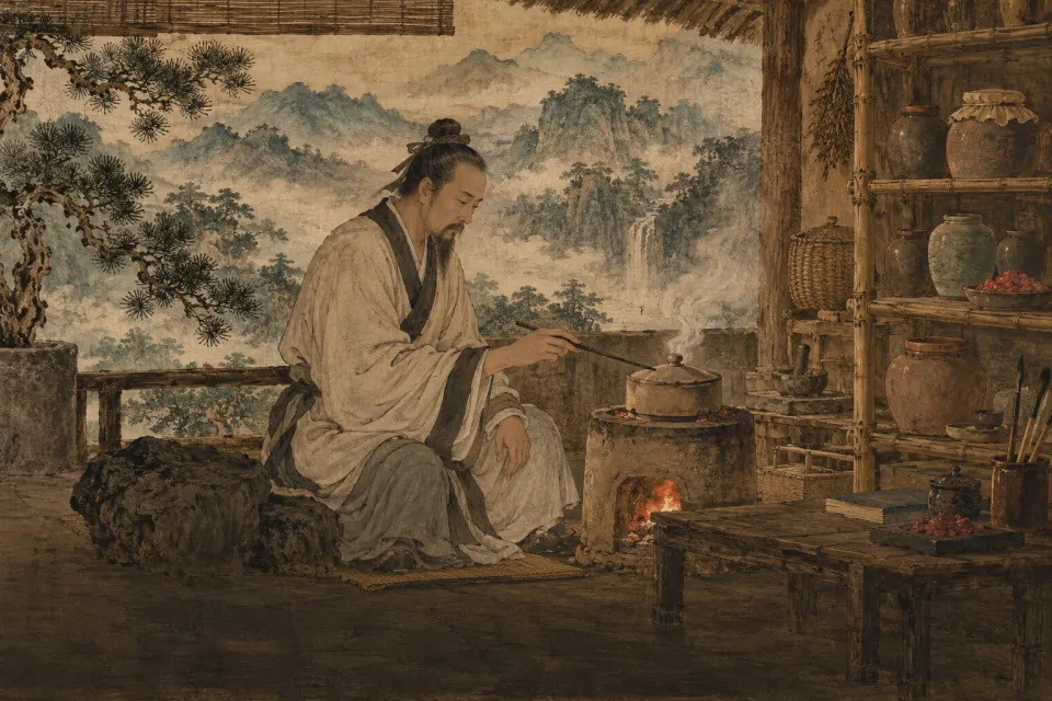 Illustration · AI-generated Ge Hong as a Ming-dynasty ink-and-colour portrait, a southern scholar in loose robes tending an alchemist's furnace in a mountain hut, jars of cinnabar and elixir, wisps of smoke